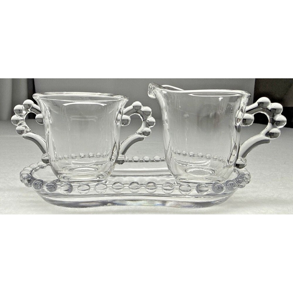 Imperial Glass Candlewick Creamer Sugar Bowl Tray Set Clear Glass Vintage